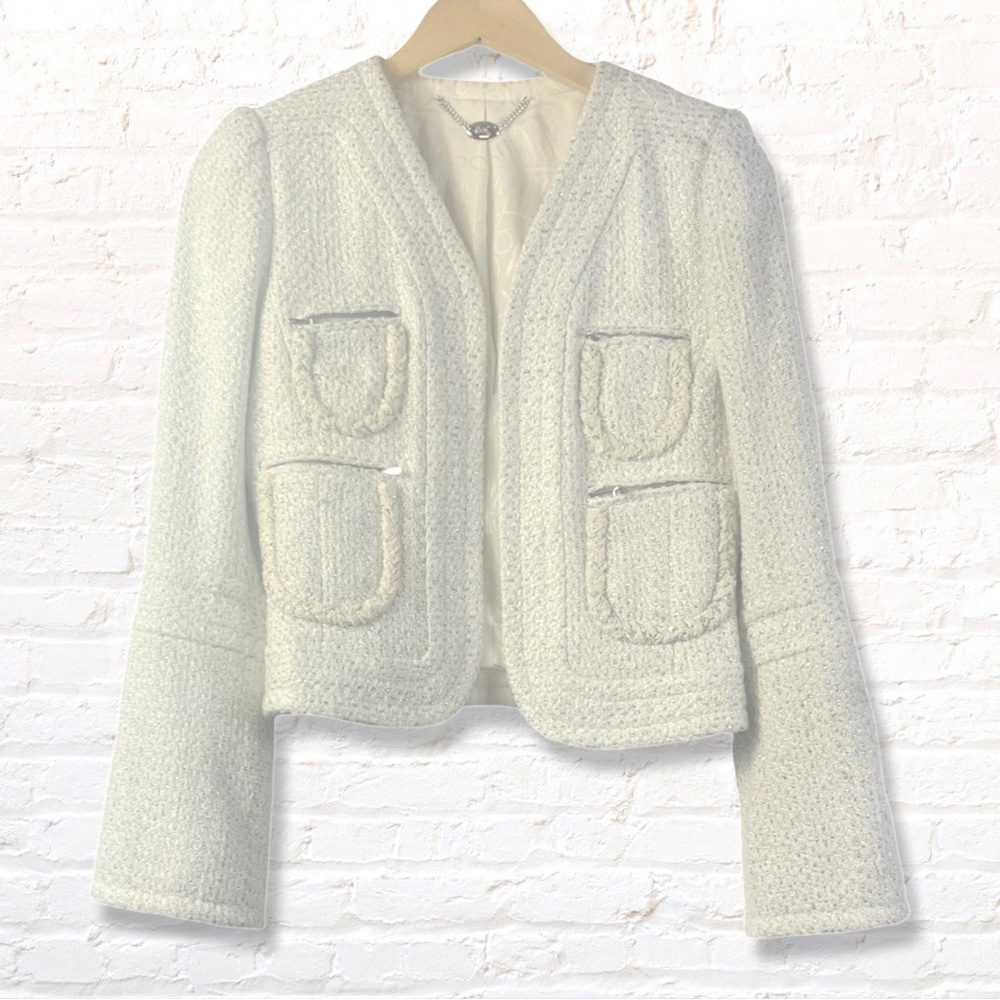 Tuleh Ivory/Silver Metallic Tweed Blazer with Zip pockets sz 6 (fits like a 4)